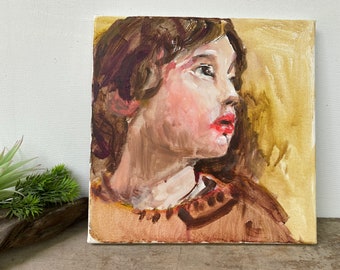 Vintage Woman Oil Portrait, Princess Leia Looking, Young Woman, Yellow Brown Coral,  Impressionist Oil Painting, Original, Impressionism