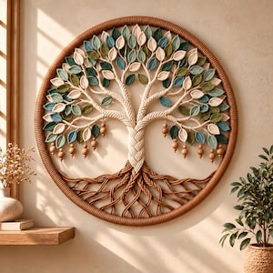 May include: A circular wall hanging featuring a macrame tree of life design. The tree has a braided trunk and roots made of cream-colored cord, with numerous crocheted leaves in shades of sage green, teal, and cream, accented by small wooden beads.