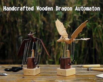 Handcrafted Wooden Dragon Automaton, Kinetic Desk Sculpture (Beech or Walnut)