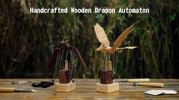 Handcrafted Wooden Dragon Automaton, Kinetic Desk Sculpture (Beech or Walnut)