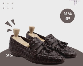 PrimLeatherShoe Herren-Slipper aus braunem Leder mit Nieten und Quasten, Slipper, flache Schuhe, ideal für Abschlussball und Hochzeit