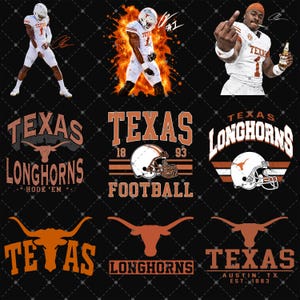 Könnte beinhalten: Ein digitales Grafikblatt mit neun verschiedenen Texas Longhorns Football-Designs. Die Elemente umfassen Spieler in weißen Uniformen, einen brennenden Athleten, einen Spieler mit einer Flasche, verschiedene Teamlogos, Helme und Texte wie Texas Longhorns, Hook 'Em und Austin, TX.
