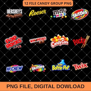 May include: A digital collection of 12 candy brand logos and illustrations including Hershey's, Reese's, M&M's Minis, Skittles, Pop Rocks, Whoppers, Candy Corn, Pocky, Hi-Chew, Baby Bottle Pop, and Twix on a black grid background.