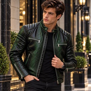 Men's Green Snake Skin Leather Jacket, Biker Motorcycle Style, Luxury Zip-Up
