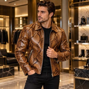 Men's Brown Snake Print Leather Jacket, Python Embossed Biker Coat, Zip Motorcycle Outerwear