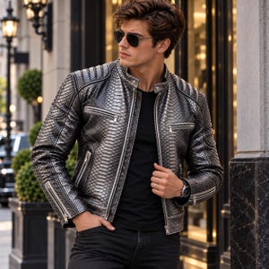 Peut inclure: Une veste argentée métallique avec un motif texturé en peau de serpent, dotée d'un col montant, de manches longues et de plusieurs poches zippées sur le devant. La veste est portée sur un t-shirt noir uni et un jean en denim noir foncé.