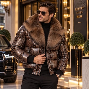 Peut inclure: Une doudoune à motif peau de serpent marron et noir, dotée d'un grand col en fausse fourrure marron et de poignets côtelés noirs. La veste est portée sur un pull à col roulé noir avec un pantalon noir et des lunettes de soleil sombres.