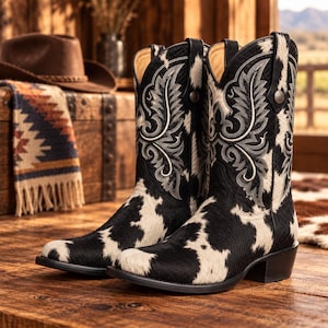 Könnte beinhalten: Ein Paar Cowboystiefel mit schwarz-weißem Kuhfellmuster und strukturierter Oberfläche. Die Stiefel haben einen hohen Schaft mit aufwendigen grauen und weißen Ziernähten, eine spitz zulaufende Zehenpartie und einen niedrigen Blockabsatz.