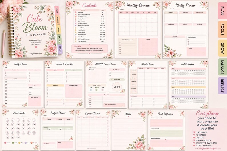 Floral Life Planner 2026, Undated Weekly Monthly, ADHD Habit Tracker ...