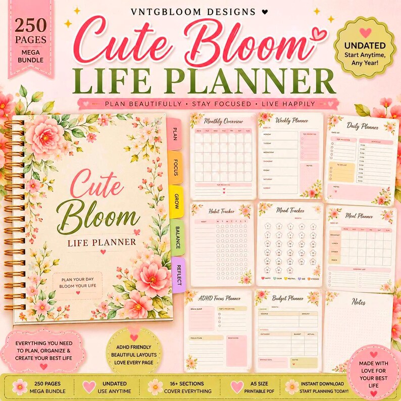 Floral Life Planner 2026, Undated Weekly Monthly, ADHD Habit Tracker ...