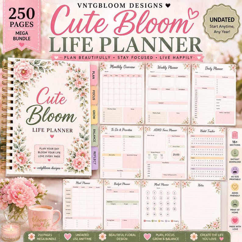 Floral Life Planner 2026, Undated Weekly Monthly, ADHD Habit Tracker ...