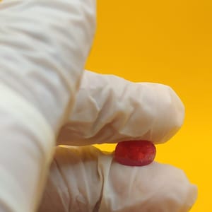 May include: A small, oval-shaped, translucent red gemstone with a faceted surface. The stone displays a deep crimson hue and is held between two fingers covered in white latex gloves against a solid, bright yellow background.