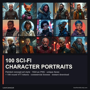Puede incluir: Una colección digital de 100 retratos de personajes de ciencia ficción con diversos individuos, alienígenas y figuras futuristas en un estilo de arte conceptual pintado. La imagen incluye el texto 100 SCI-FI CHARACTER PORTRAITS, 1024 px PNG, unique faces, 100 round VTT tokens, commercial license y instant download.