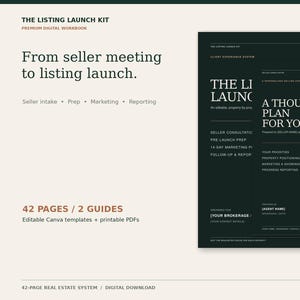 Puede incluir: Un libro de trabajo digital de 42 páginas titulado The Listing Launch Kit, con páginas de color verde oscuro y blanco que incluyen texto como From seller meeting to listing launch, Seller intake, Prep, Marketing, Reporting y una biblioteca de copias.