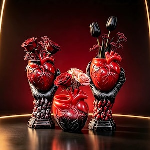May include: Three anatomical heart-shaped vases in shades of red and black. Two tall vases are held by sculpted hands with skull details at the base, containing red roses and black tulips. A smaller central heart vase holds pink roses.