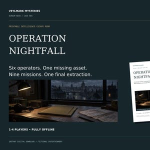 May include: A printable escape room game titled Operation Nightfall, featuring a dark background with white text. The design includes the phrase Six operators. One missing asset. Nine missions. One final extraction. and a document preview image.
