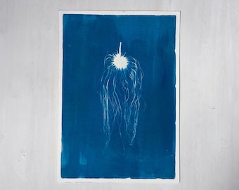 Handgjort Cyanotype Bulbophyllum Medusae tryck, botanisk konst (29,7 × 21 cm)