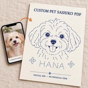 Op de afbeelding: Een digitaal PDF-patroon voor aangepaste Sashiko-borduurwerken met een blauwe lijntekening van een hondengezicht en de naam HANA. Een smartphone toont een foto van een lichte hond met het label AI-GENERATED SAMPLE naast het patroon.