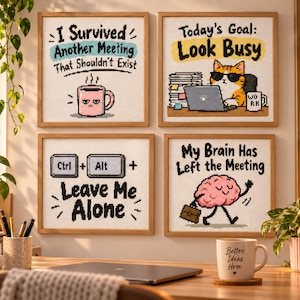 May include: Four square framed cross-stitch art pieces featuring office humor. Top left: I Survived Another Meeting That Shouldn't Exist with a pink mug. Top right: Today's Goal: Look Busy with a cat at a laptop. Bottom left: Ctrl + Alt + Leave Me Alone. Bottom right: My Brain Has Left the Meeting with a walking brain.