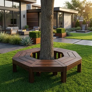 Puede incluir: Un banco hexagonal de madera de color marrón oscuro construido con listones horizontales y patas verticales resistentes, diseñado para rodear el tronco de un árbol, con un acabado liso que resalta la textura natural de la veta.