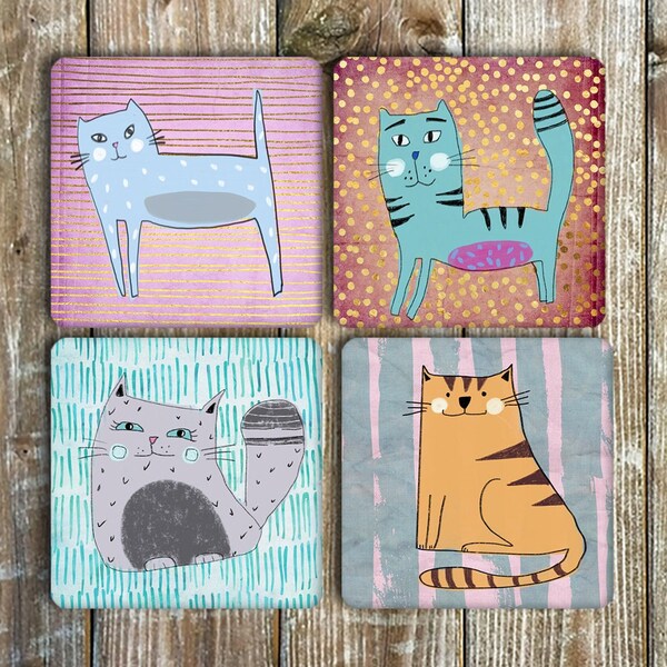 Cat Coasters, Drink Coasters, Set of 4 Non Slip Neoprene Coasters