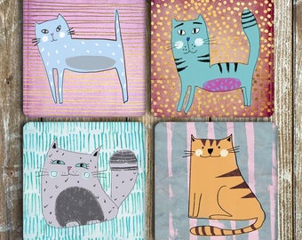 Cat Coasters, Drink Coasters, Set of 4 Non Slip Neoprene Coasters