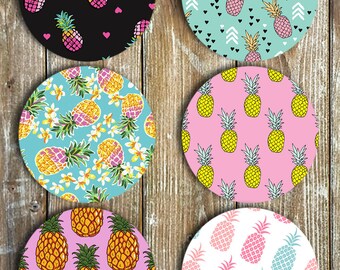 Summer Pineapple Drink Coasters, Set Of 6 Non Slip Neoprene, Tropical Drinks Coasters, Bar Decor, Novelty Gifts, Pineapples
