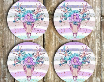 Horns & Flowers Drink Coasters Set of 6 Neoprene - Boho - Novelty Gift Ideas - Tableware - Novelty Coasters - Barware - Drinkware