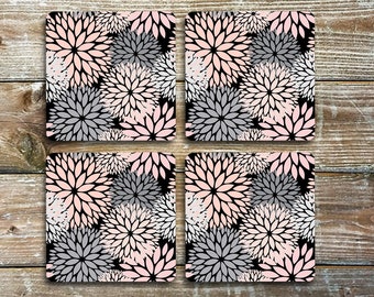 Soft Peach and Grey Dahlias on Black Background - Set of 4 Neoprene Drink Coasters