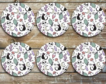 Witchy Neoprene Coaster Set: Skulls, Cats, Crystals - Set of 6