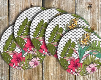 Tropical Flowers Drink Coasters Set of 6 Non Slip Neoprene