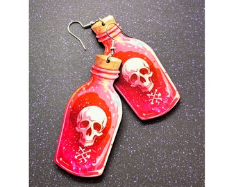 Potion Bottles with Skulls, Wood Earrings, Skull Earrings