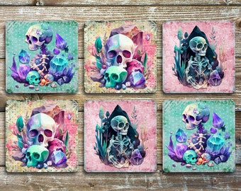 Skulls, Drink Coasters, Set Of 6 Non Slip Neoprene, Square Coaster Set