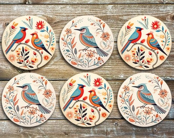 Birdies, Bird Drink Coasters, Set Of 6 Non Slip Neoprene Coasters, Novelty Coasters