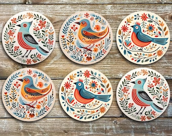 Floral Birds, Drink Coasters, Set Of 6 Non Slip Neoprene Coasters, Novelty Coasters