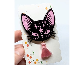 Starry Eyed Cat Brooch, Acrylic Cat Brooch with Tassel