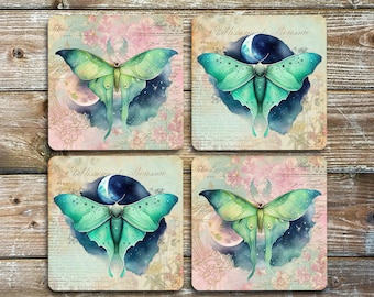 Gorgeous Green Moths, Moth Drink Coasters, Set Of 4 Non Slip NEOPRENE Coasters,
