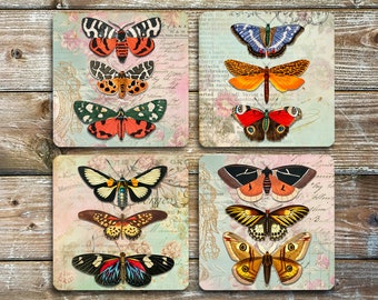 Vintage Moths, Moth Drink Coasters, Neoprene Coasters Set of 4