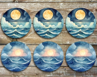 Moonlit Waves, Drink Coasters, Set Of 6 Non Slip Neoprene Coasters, Novelty Coasters