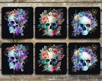 Watercolour Skulls, Drink Coasters, Set Of 6 Non Slip Neoprene, Square Coaster Set