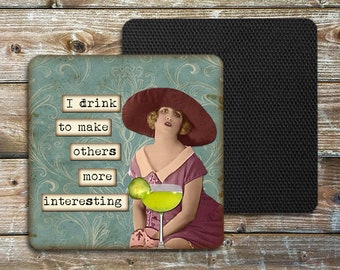 Vintage Drinking Lady, Single Drink Coaster, Non Slip Neoprene Coaster