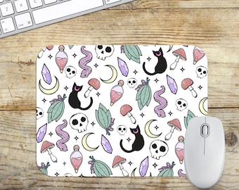 Skulls, Cats, Sage, Mushrooms, Crystals and Snakes Mouse Pad, Non Slip Neoprene, Easy Glide Soft Fabric Top