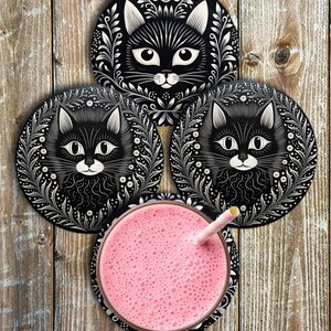 Black Cat Drink Coasters, Set of 4 Round Neoprene Cat Coasters image 2