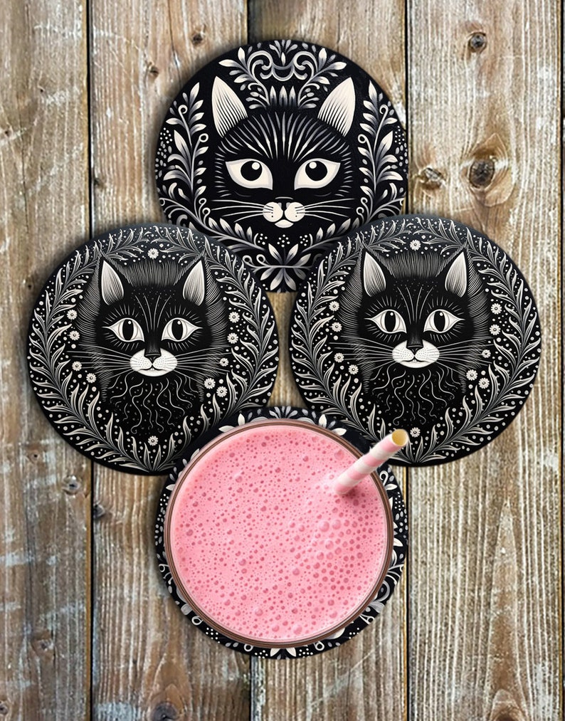 Black Cat Drink Coasters, Set of 4 Round Neoprene Cat Coasters image 2