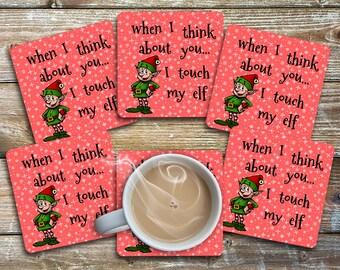 Naughty Elf Christmas Coasters - Set of 6 Neoprene Coasters - Drink Coasters