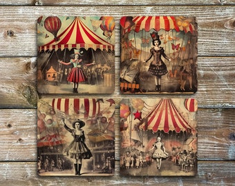 Circus Drink Coasters, Dark Grungy Vintage Circus, Set of 4 Square Neoprene Coasters