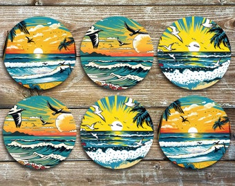 Pop Art Beach Drink Coasters, Set Of 6 Non Slip Neoprene Coasters, Novelty Coasters