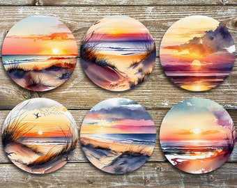 Sunset Drink Coasters Set of 6 Non Slip Round Neoprene Coasters, Watercolour, Beach Sunsets