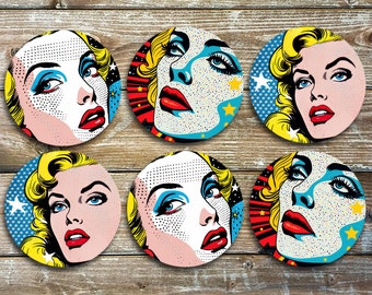 Pop Art Ladies Drink Coasters, Set Of 6 Non Slip Neoprene Coasters, Novelty Coasters