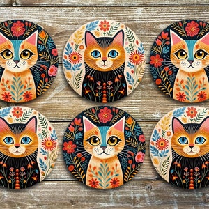 Floral Cats, Drink Coasters, Set Of 6 Non Slip Neoprene Coasters, Novelty Coasters
